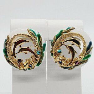 Vintage Large Enamel on Metal Statement Dolphin Earrings Nautical Gold Tone 1.75